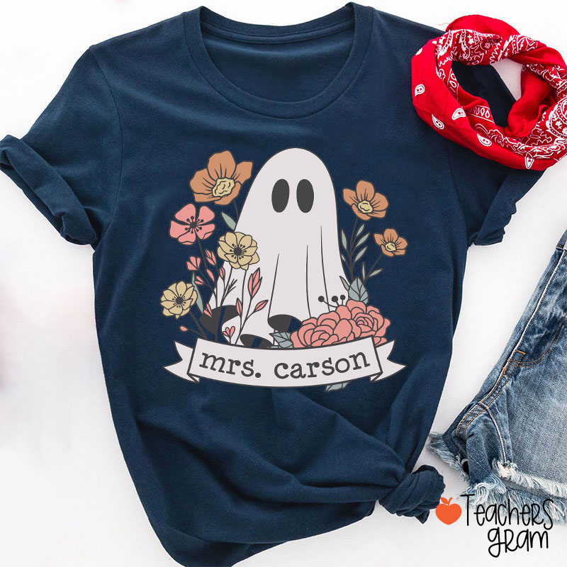 Personalized Name Floral Ghost Teacher T-Shirt