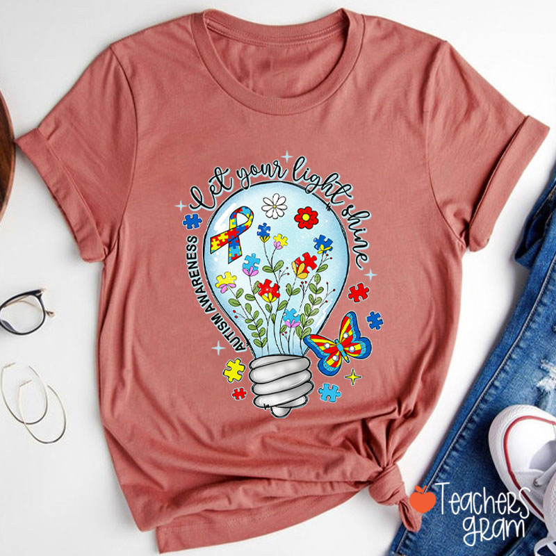 Let Your Light Shine Autism Awareness Teacher T-Shirt