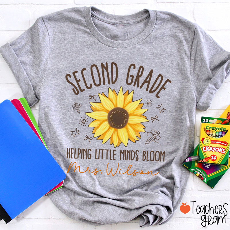Personalized Grade And Name Helping Little Minds Bloom Teacher T-Shirt