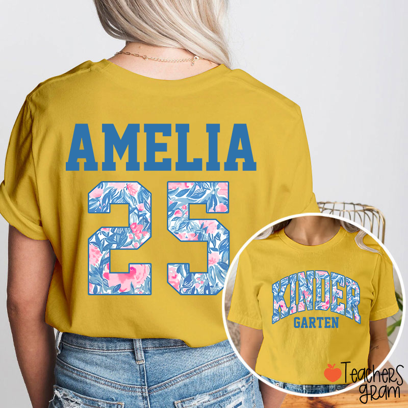 Personalized Flower And Leaf Pattern Text And Numbers Teacher Two Sided T-Shirt