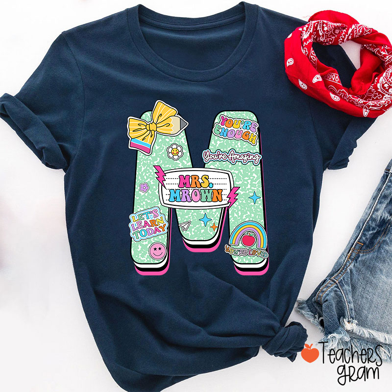 Personalized Notebook Style Letter Name Teacher T-Shirt