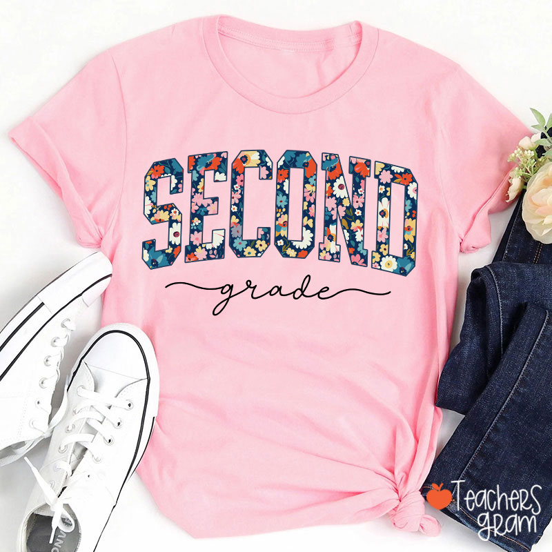 Personalized Grade Blue Floral Teacher T-Shirt