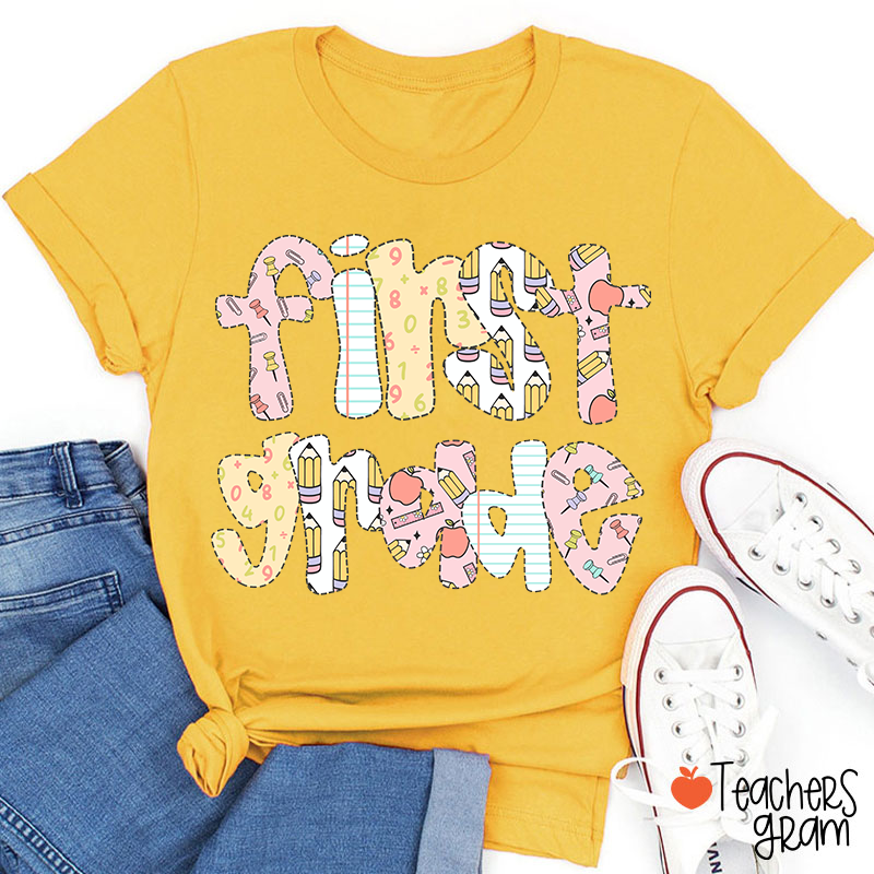 Personalized Grade Floral Pencil Notebook Teacher T-Shirt