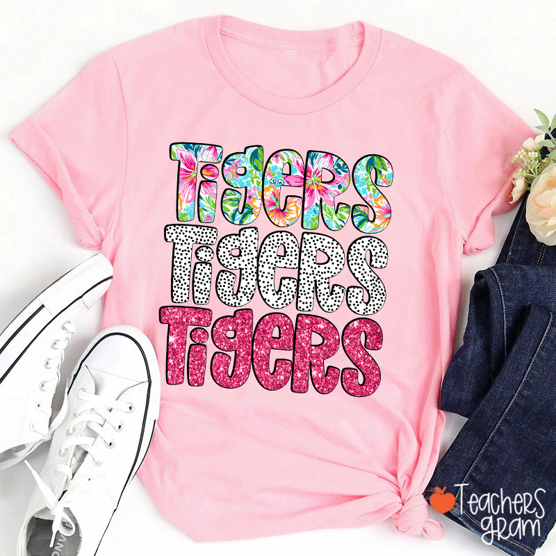 Personalized Mascot Flower Dot Pink Glitter Teacher T-Shirt