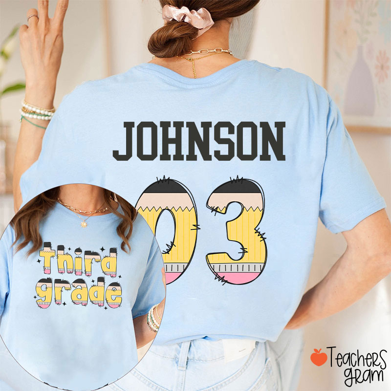 Personalized Pencil Pattern Letters And Numbers Teacher Two Sided T-Shirt