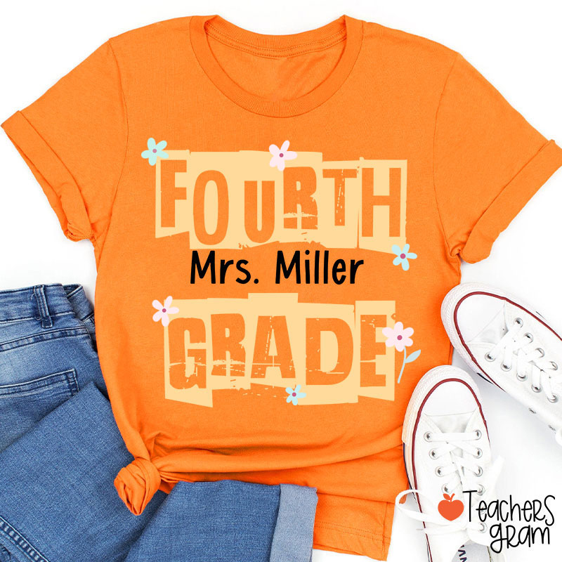 Personalized Grade Name Hollow Monochrome Flowers Teacher T-Shirt