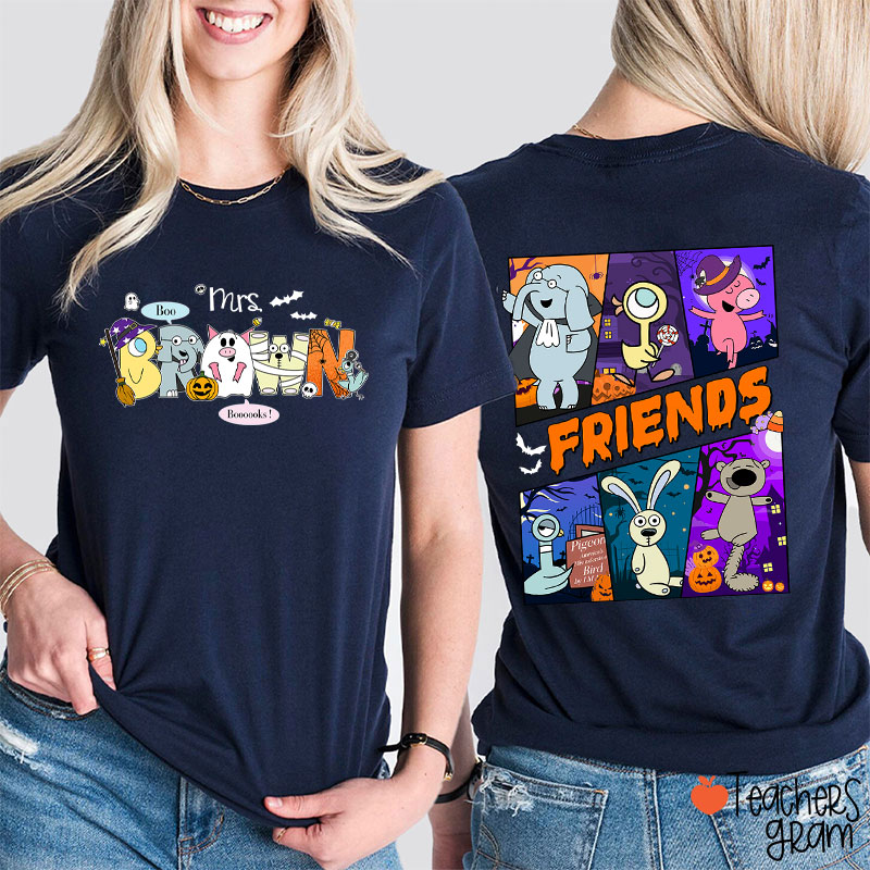 Personalized Name Boo Booooks Friends Teacher Two Sided T-Shirt