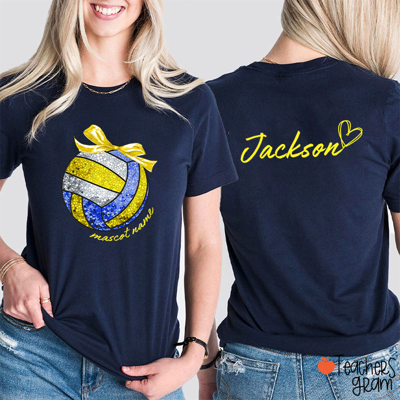 Personalized Mascot And Sport Faux Glitter Coquette Bow Teacher Two Sided T-Shirt