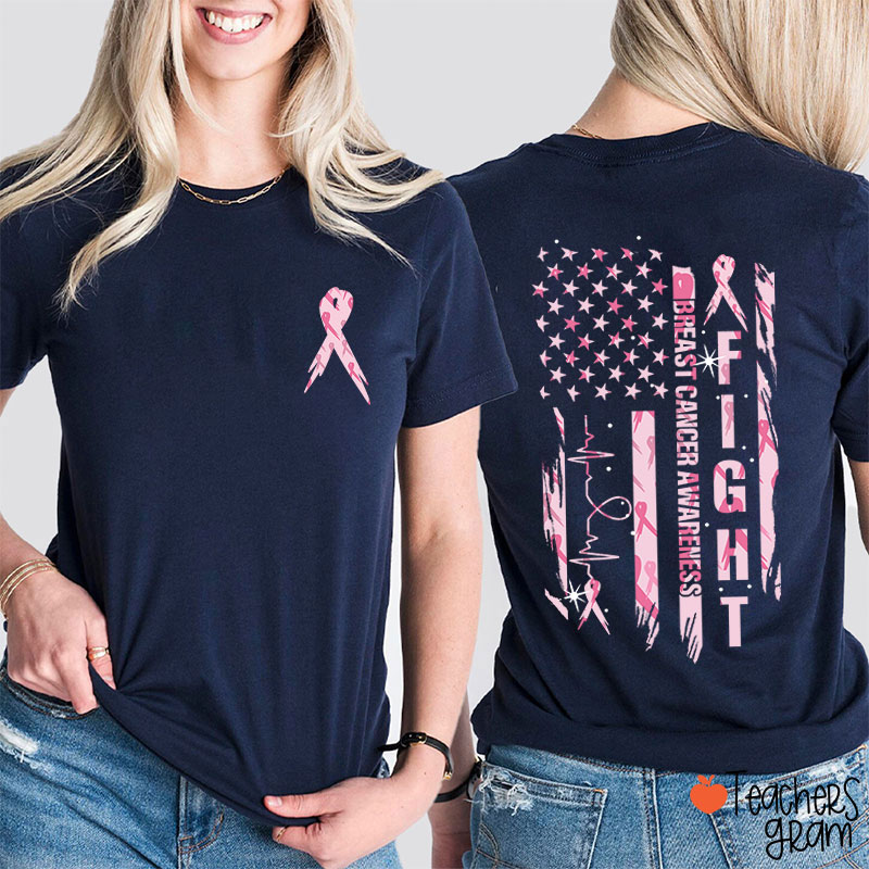 Pink Ribbon Fight Breast Cancer Awareness Teacher Two Sided T-Shirt