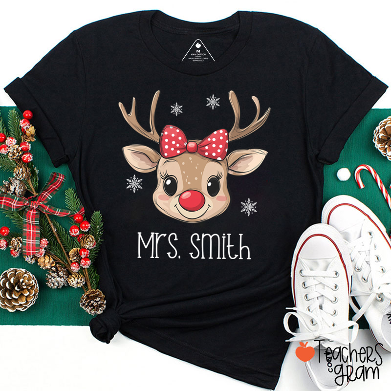 Personalized Name Cute Bow Reindeer Teacher T-Shirt