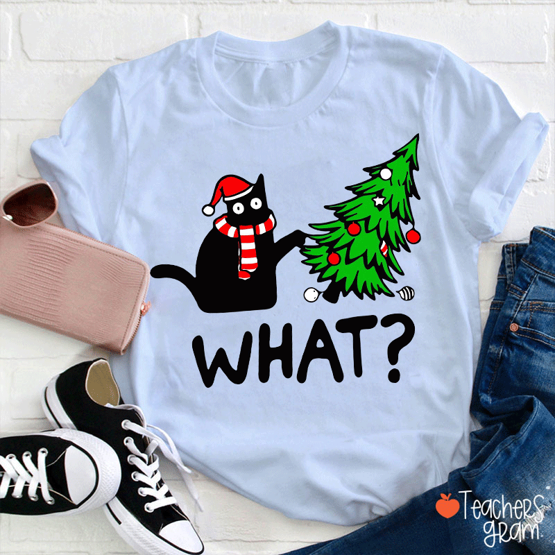 Cat Pushes Christmas Tree Teacher T-Shirt