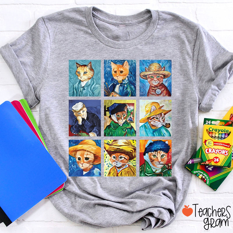 Funny Cats Painting Van Gogh Art Lover Teacher T-Shirt