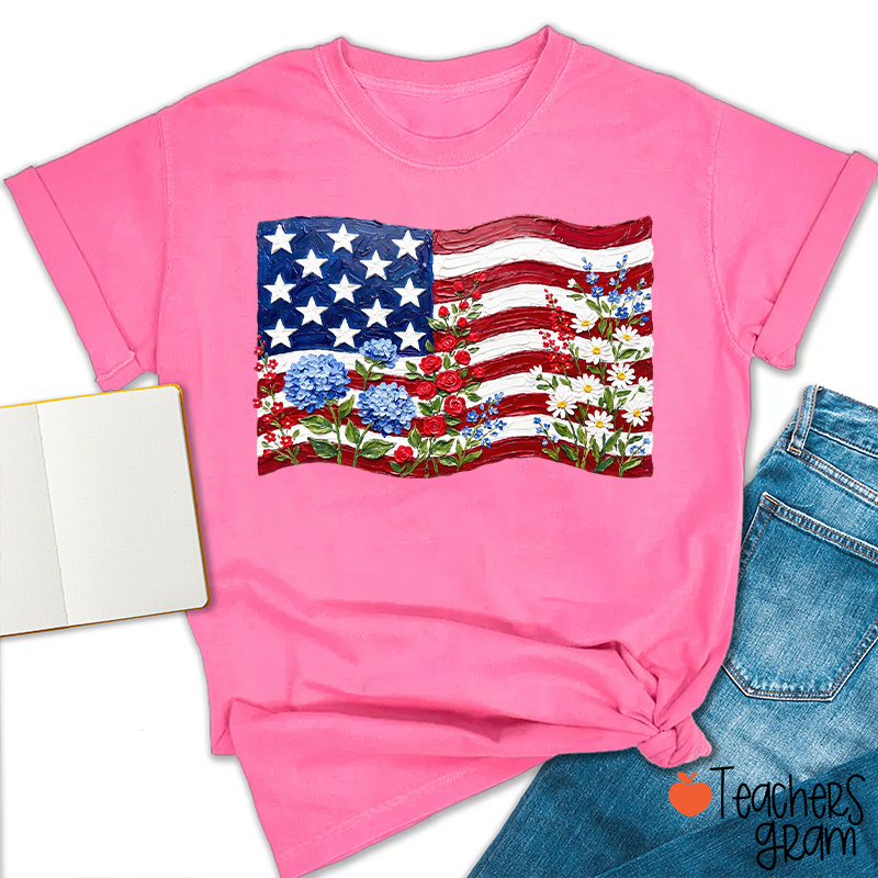 Floral American Flag Teacher T-Shirt