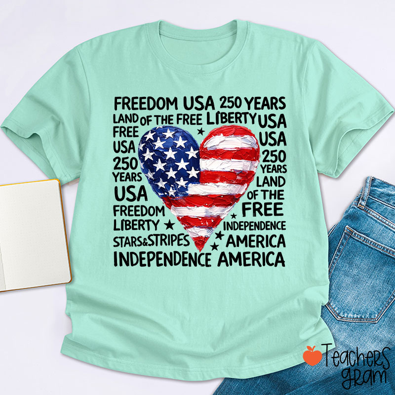 Heart Shaped American Flag Teacher T-Shirt