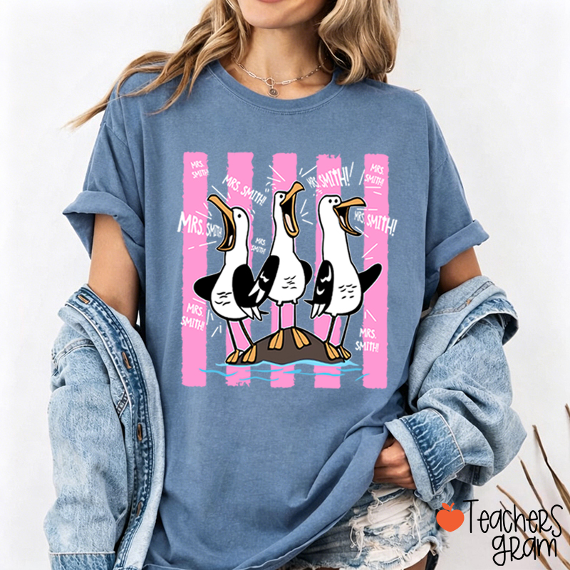 Personalized Pink Stripes Seagull Meme Teacher T-Shirt
