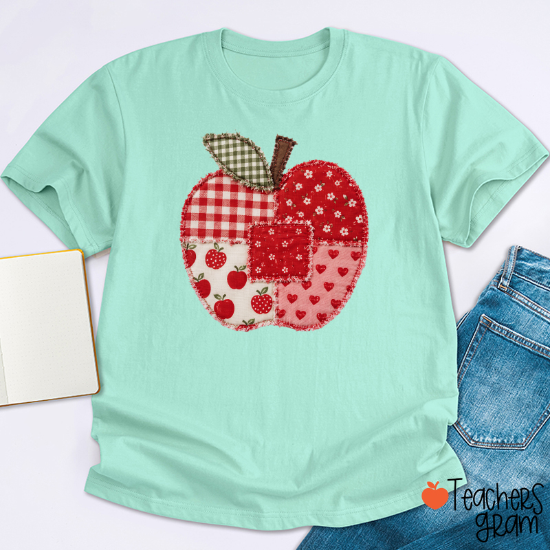 Vintage Patchwork Apple Gingham Floral Heart Teacher Graphic Teacher T-Shirt