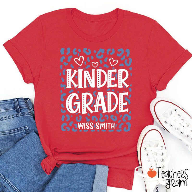Personalized Name And Grade Leopard Heart Teacher T-Shirt