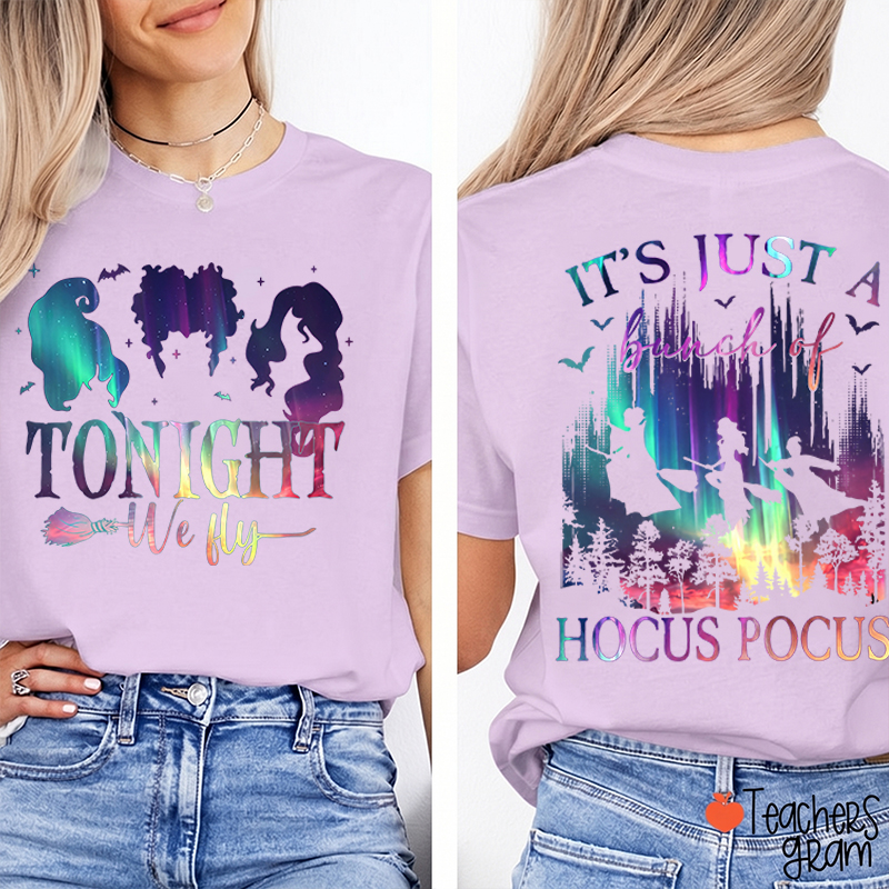 Tonight We Fly Witch Silhouette Broom Bat Teacher Two Sided T‑Shirt