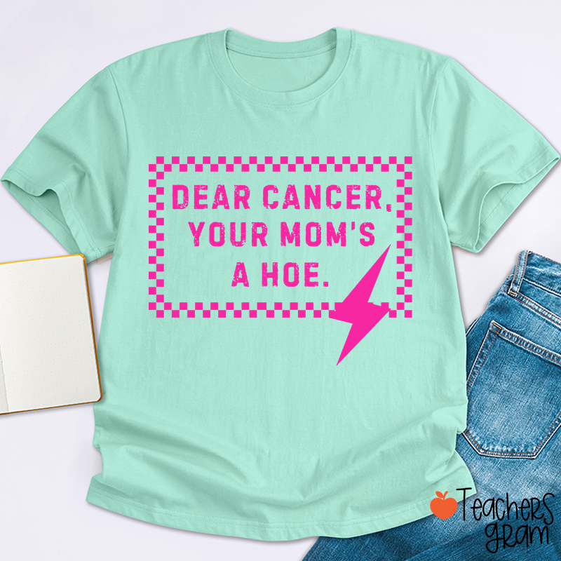 Funny Anti‑Cancer Quote Pink Checker Lightning Bolt Teacher T‑Shirt