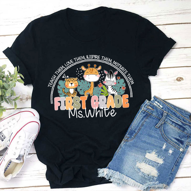 Personalized Name And Grade Cute Animals Teacher T-Shirt