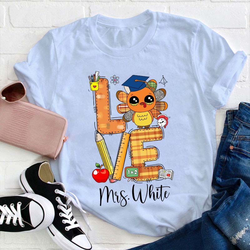 Personalized Name Thankful Cute Turkey Teacher T-Shirt