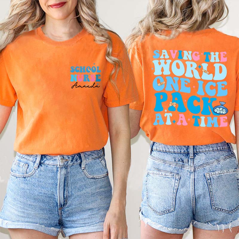 Personalized Saving The World One Ice Pack At A Time Teacher Two Sided T-Shirt