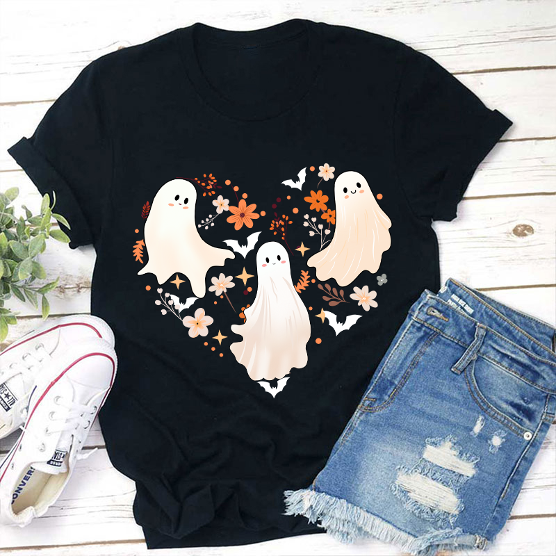 Cute Ghosts Flower Heart Teacher T-Shirt