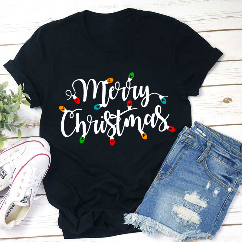 Merry Christmas Colorful Lights Teacher T-Shirt