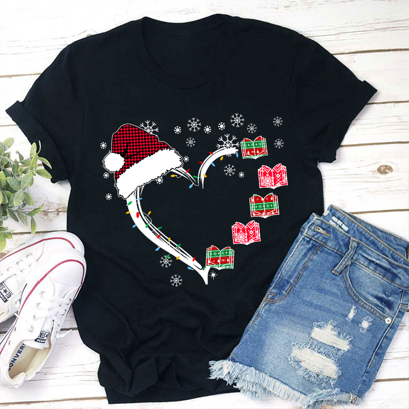 Christmas Books Heart Teacher T-Shirt