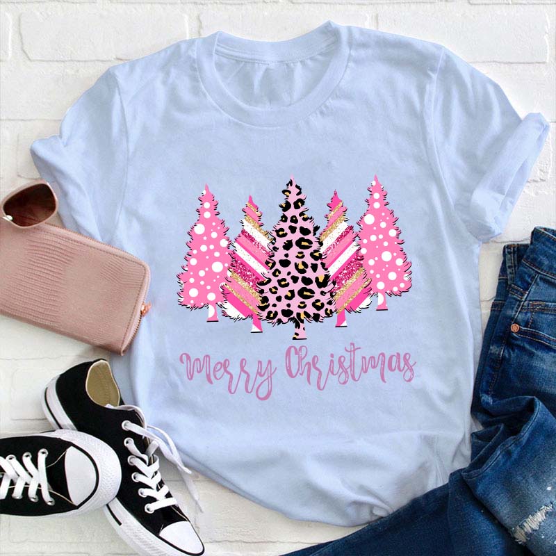 Merry Christmas Pink Christmas Trees Teacher T-Shirt