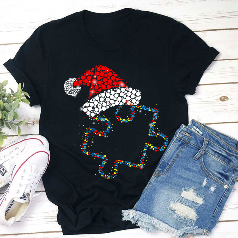 Colorful Puzzle Christmas Hat Teacher T-Shirt