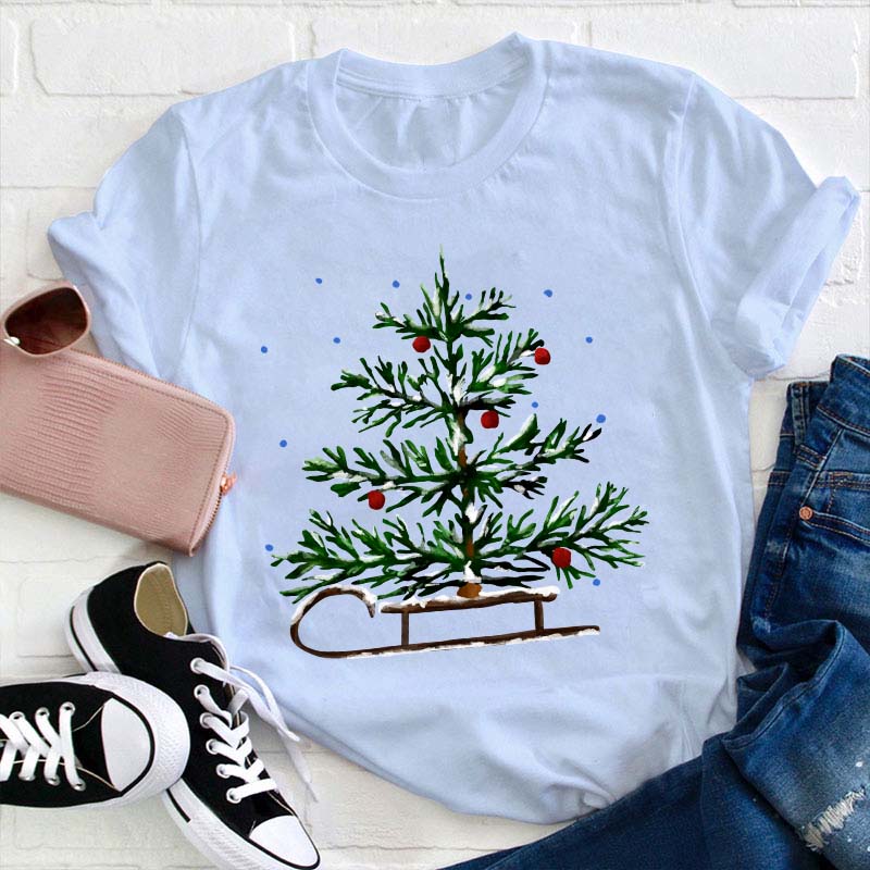 Christmas Tree Sleigh Teacher T-Shirt