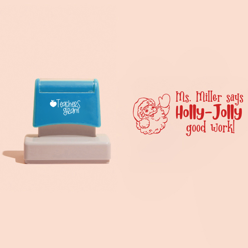 Personalized Name Holly-Jolly Good Work Teacher Rectangle Stamp