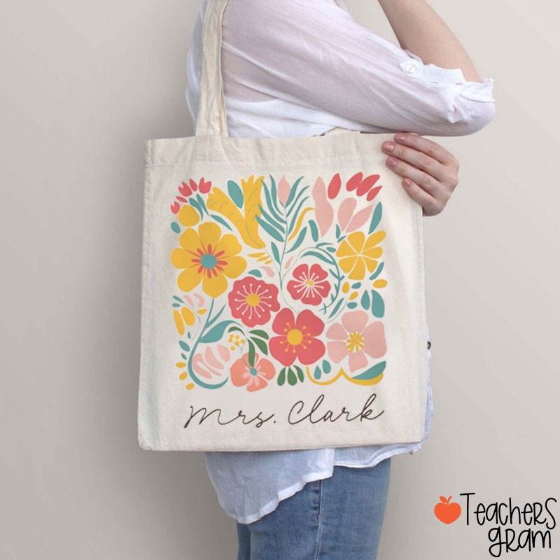 Personalized Name Flower Floral Teacher Tote Bag