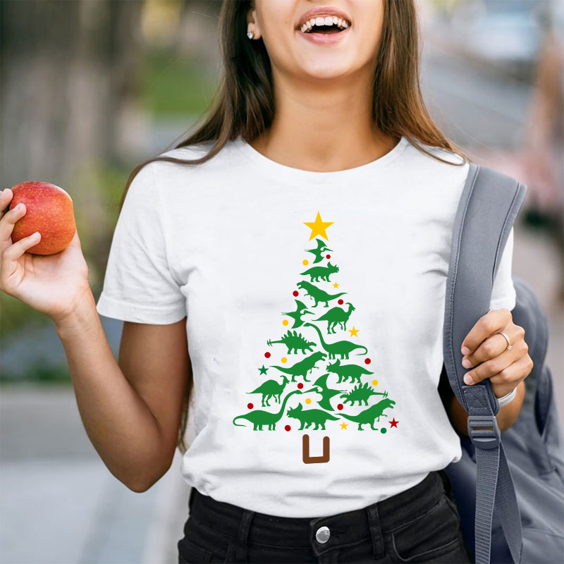 Dinosaur Chirstmas Tree Teacher T-Shirt