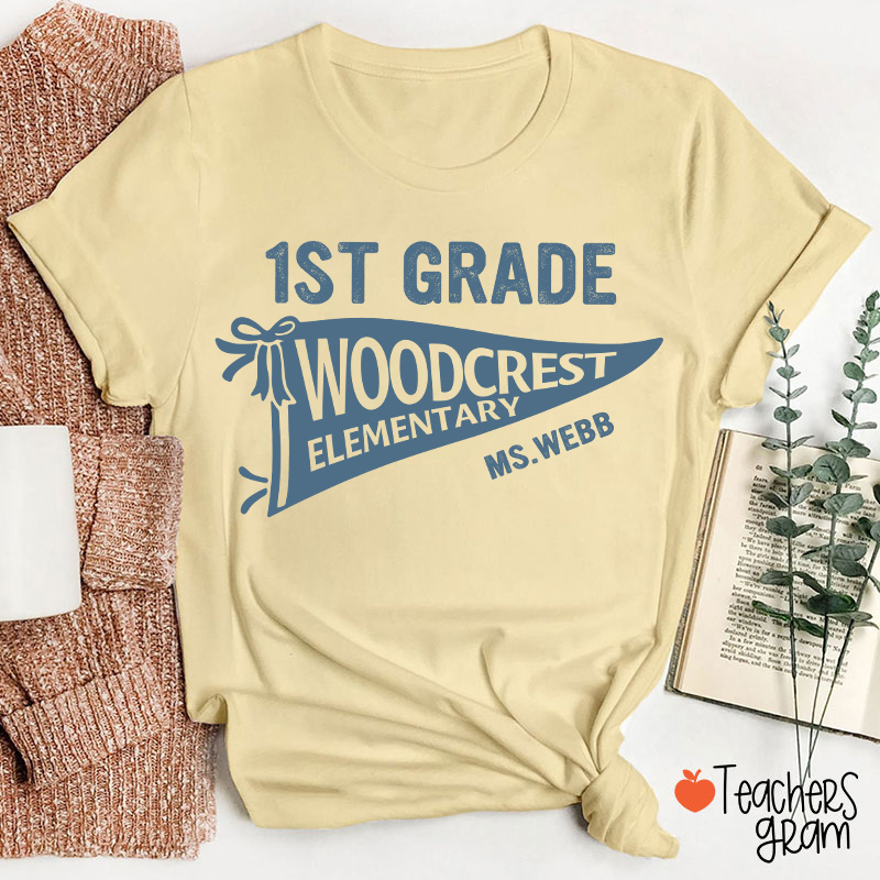 Personalized Grade And School Name Pennant Teacher T-Shirt