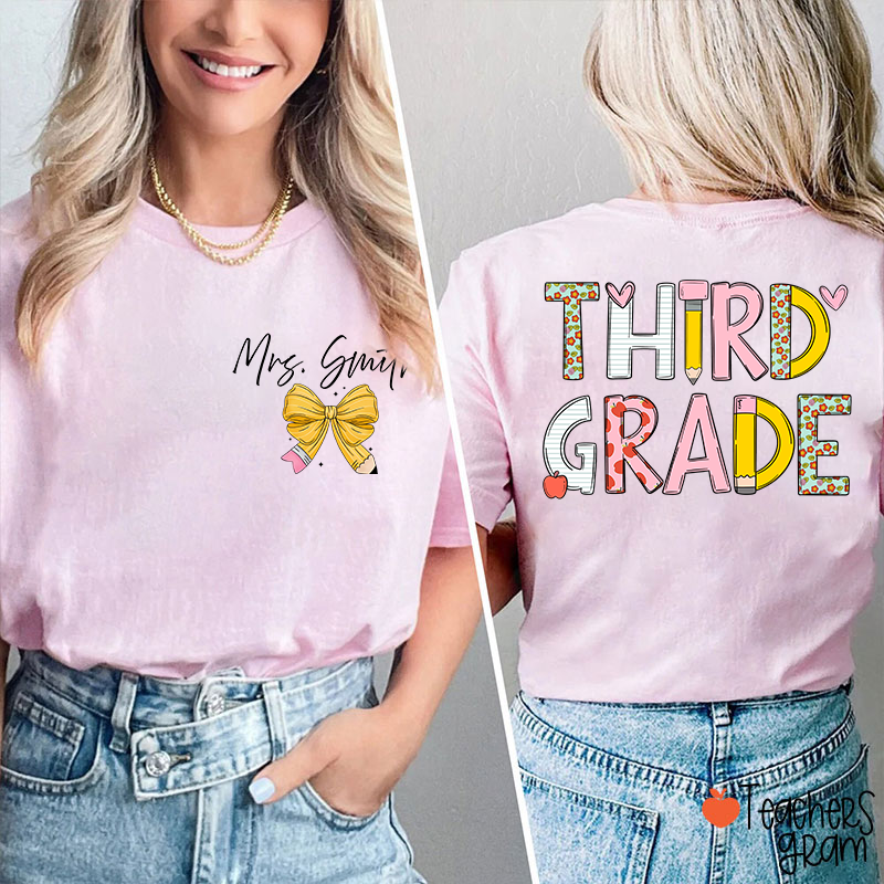 Personalized Grade Stationery  Heart Apple Pencil Teacher Two Sided T-Shirt