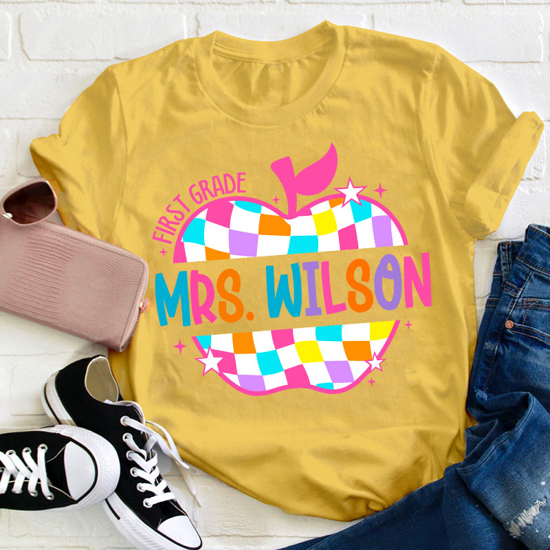 Personalized Colorful Checkerboard Hollow Apple Teacher T-Shirt