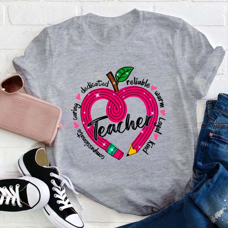 Glitter Apple Pencil Heart Teacher T-Shirt