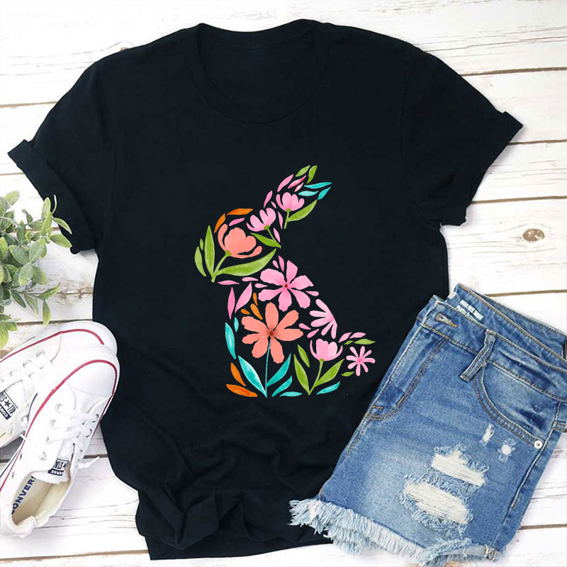 Pink Flower Spring Bunny Teacher T-Shirt