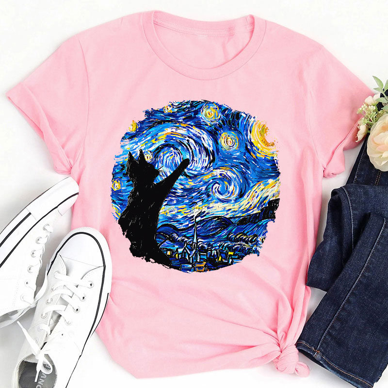 Starry Night And Cat Teacher T-Shirt