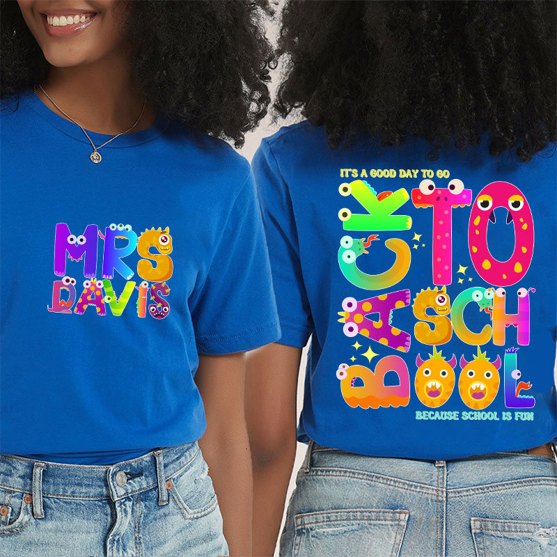 Personalized Name Cute Animal Alphabet Teacher Two Sided T-Shirt