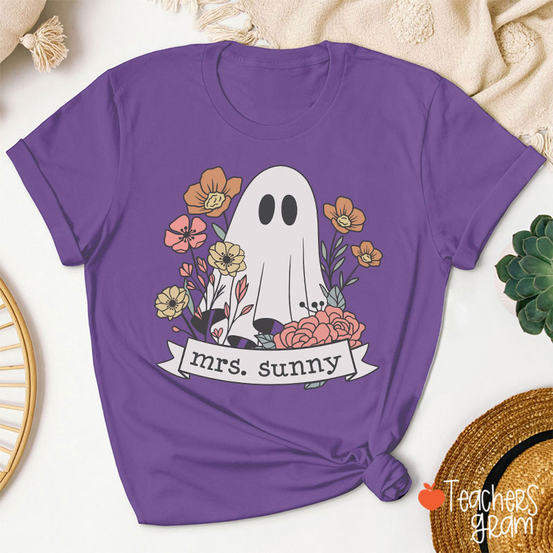 Personalized Name Floral Ghost Teacher T-Shirt
