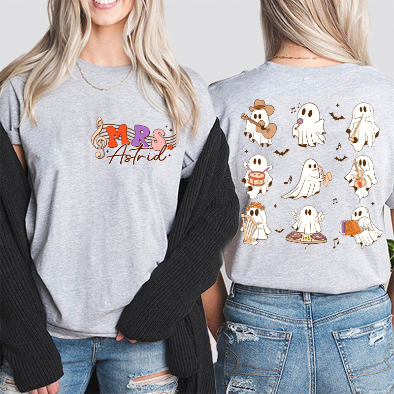 Personalized Name Ghost Music Teacher Two Sided T-Shirt