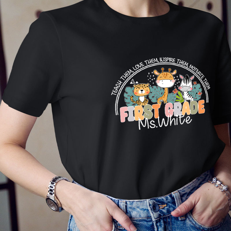 Personalized Name And Grade Cute Animals Teacher T-Shirt