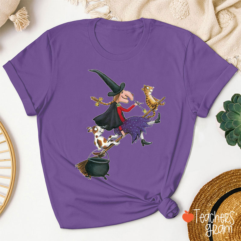 Witch Dog Cat Dark Gothic Halloween Teacher T-Shirt