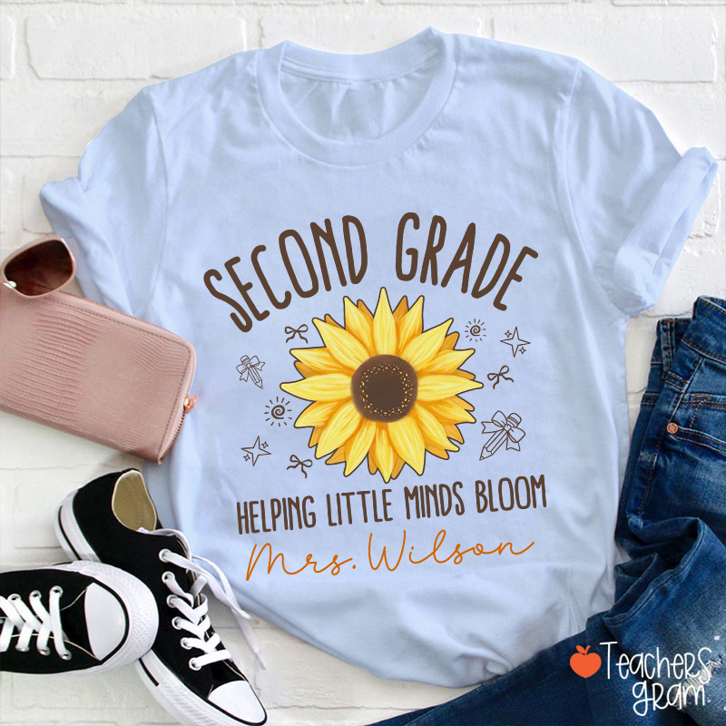 Personalized Grade And Name Helping Little Minds Bloom Teacher T-Shirt