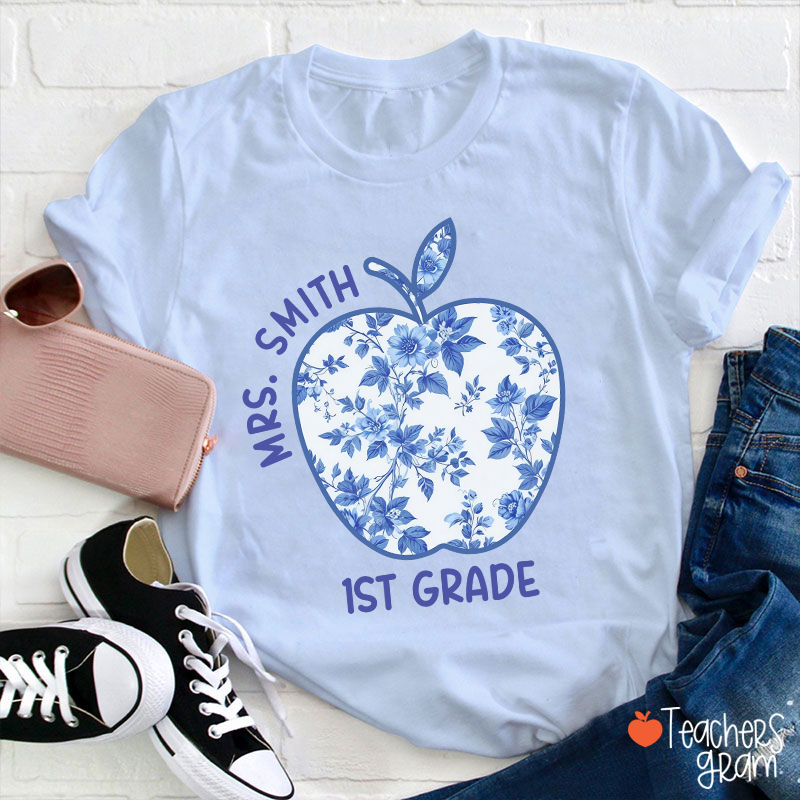 Personalized Grade And Name Blue And White Porcelain Apple Teacher T-Shirt