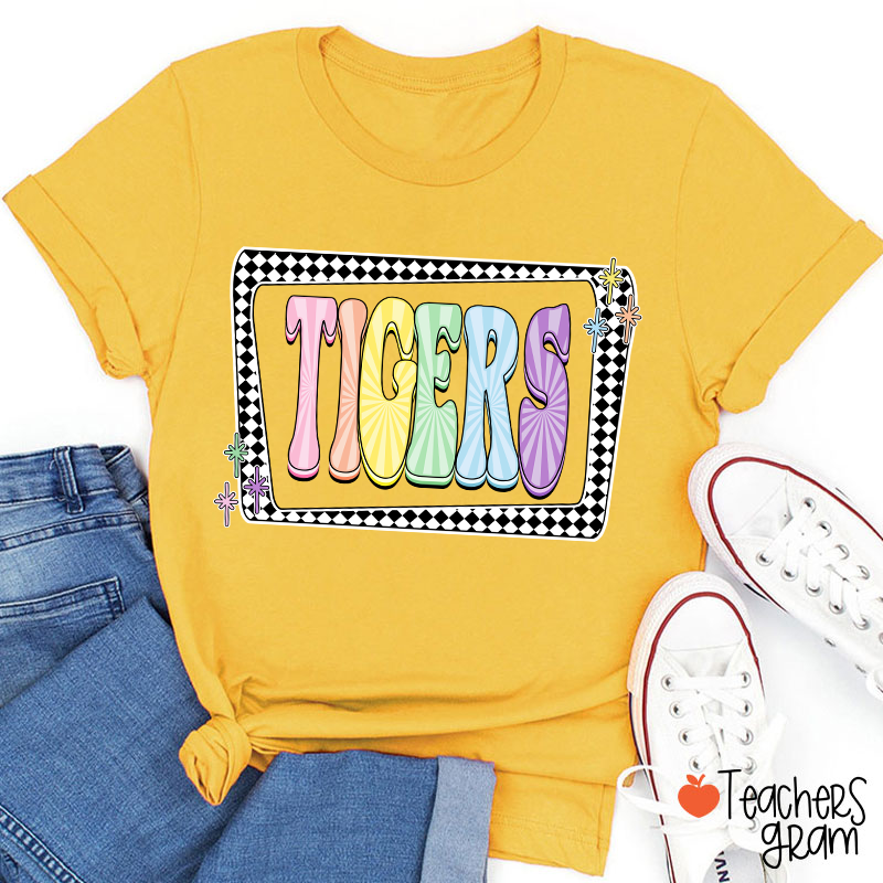 Personalized Mascot Pastels Checkerboard Teacher T-Shirt