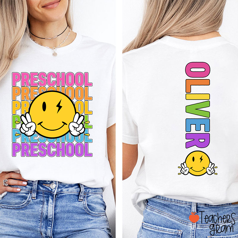 Personalized Grade And Name Smiley Face Teacher Two Sided T-Shirt
